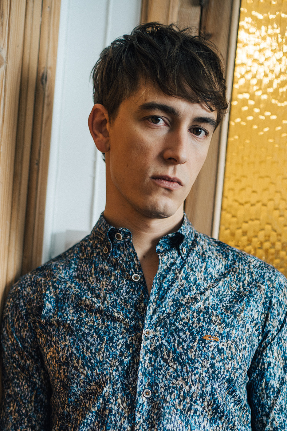 Camisa estampado azul y beige slim fit