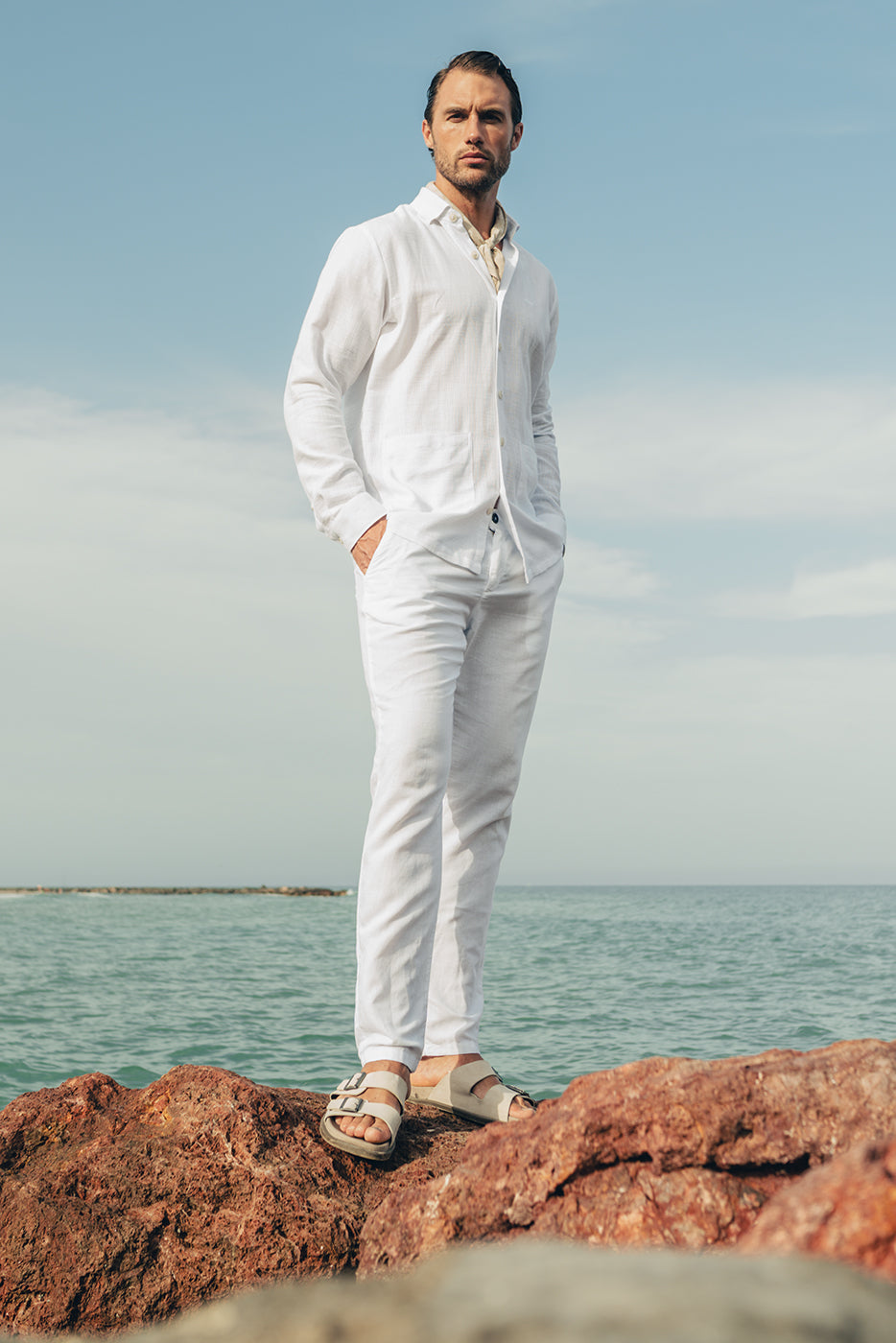 Pantalón hombre mezcla lino blanco