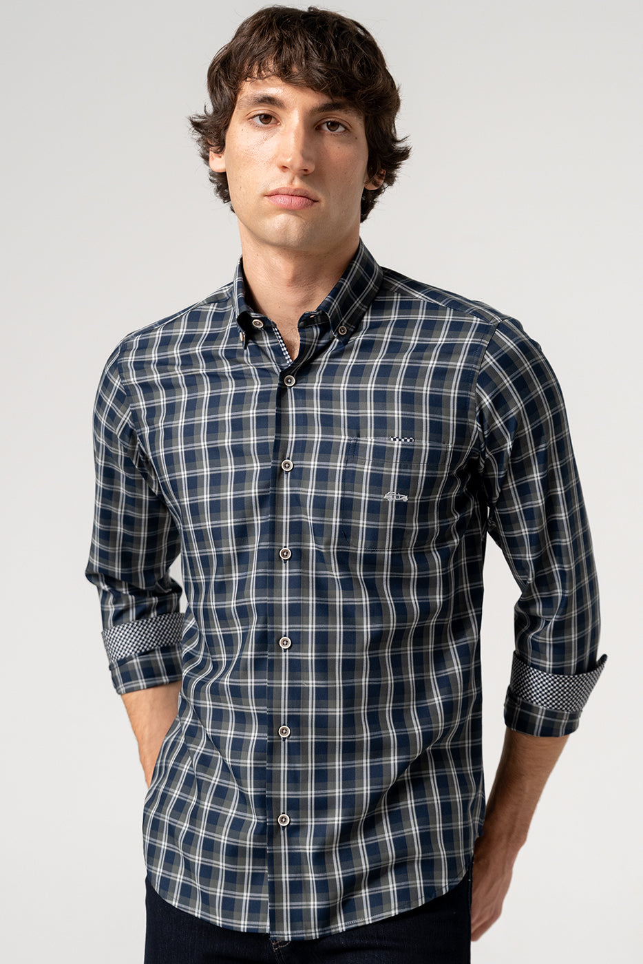 Camisa cuadros en fondo marino con bolsillo