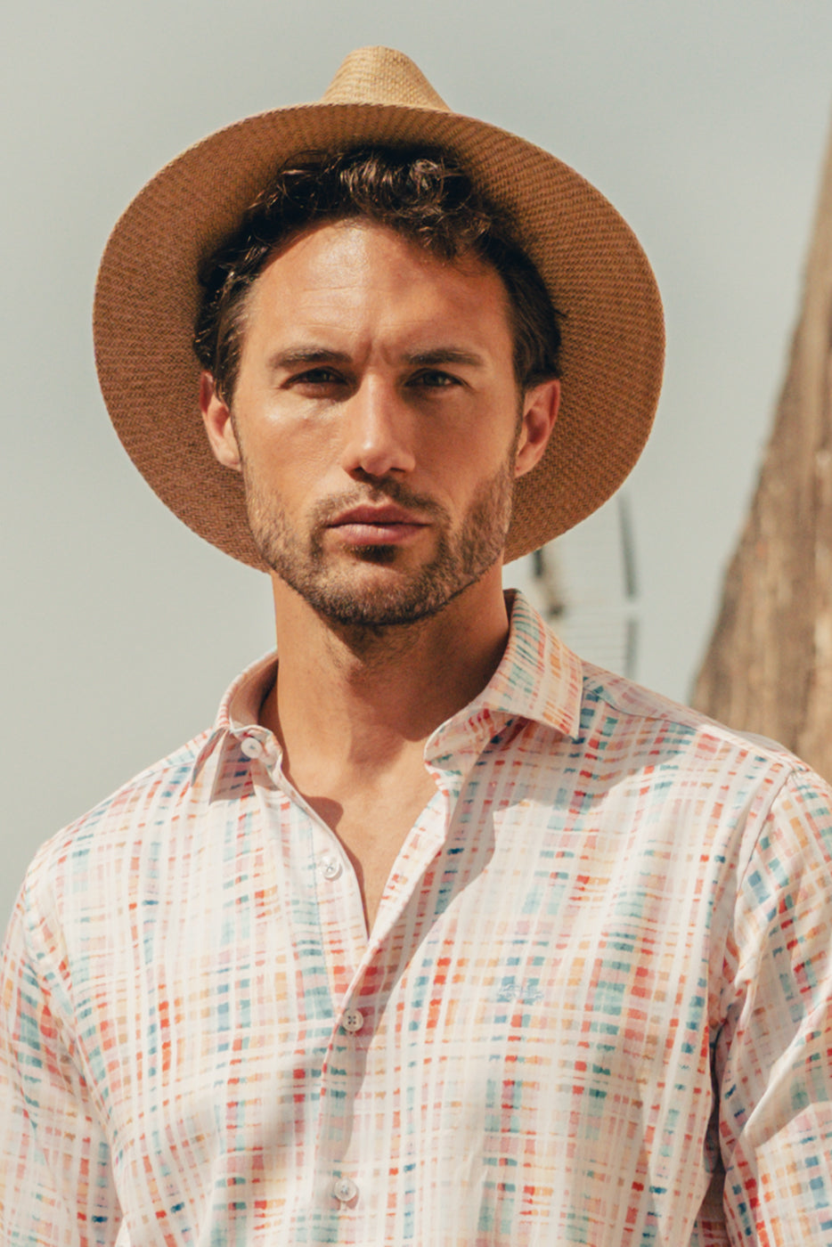 Camisa slim fit estampado cuadros tonos pastel