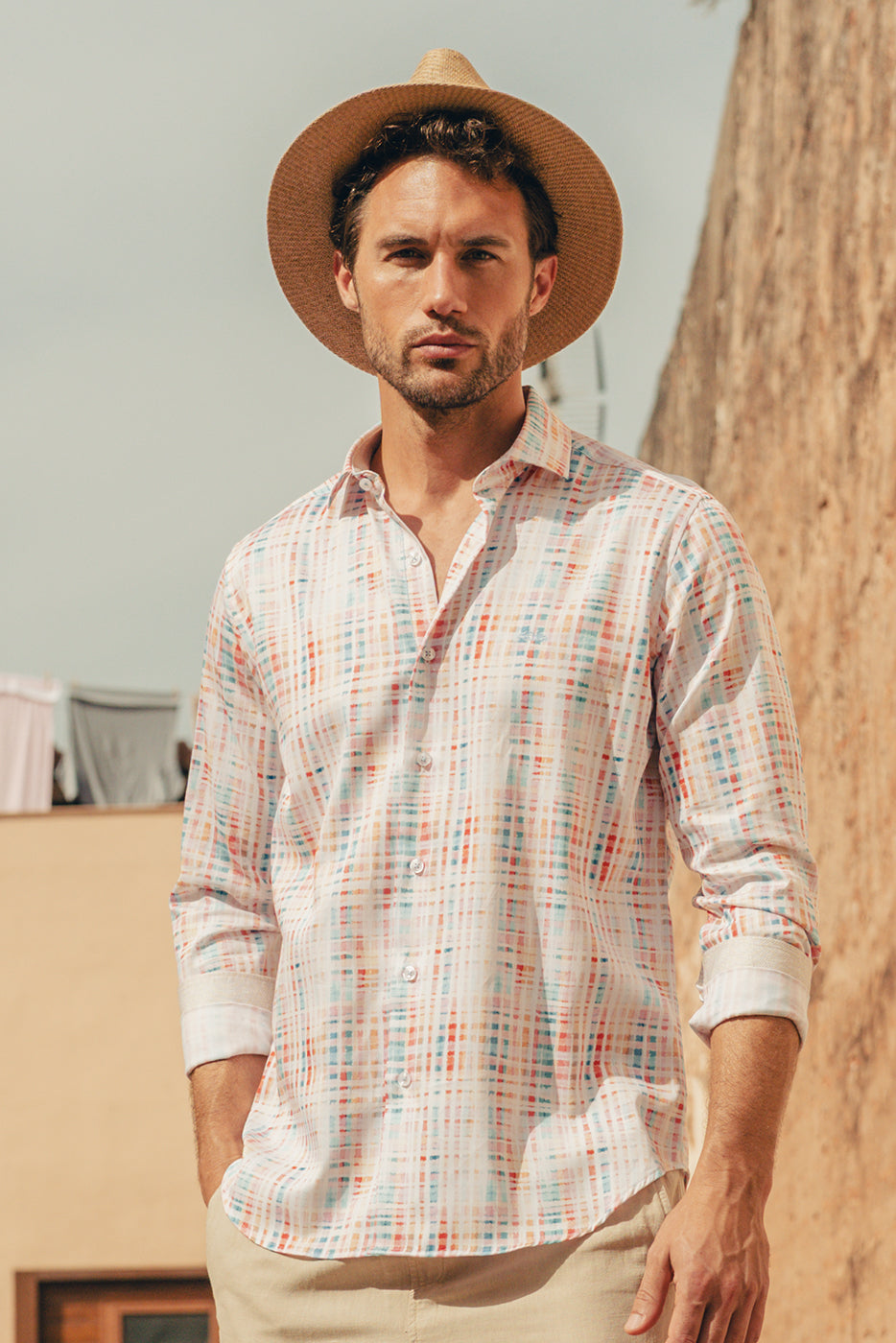 Camisa slim fit estampado cuadros tonos pastel