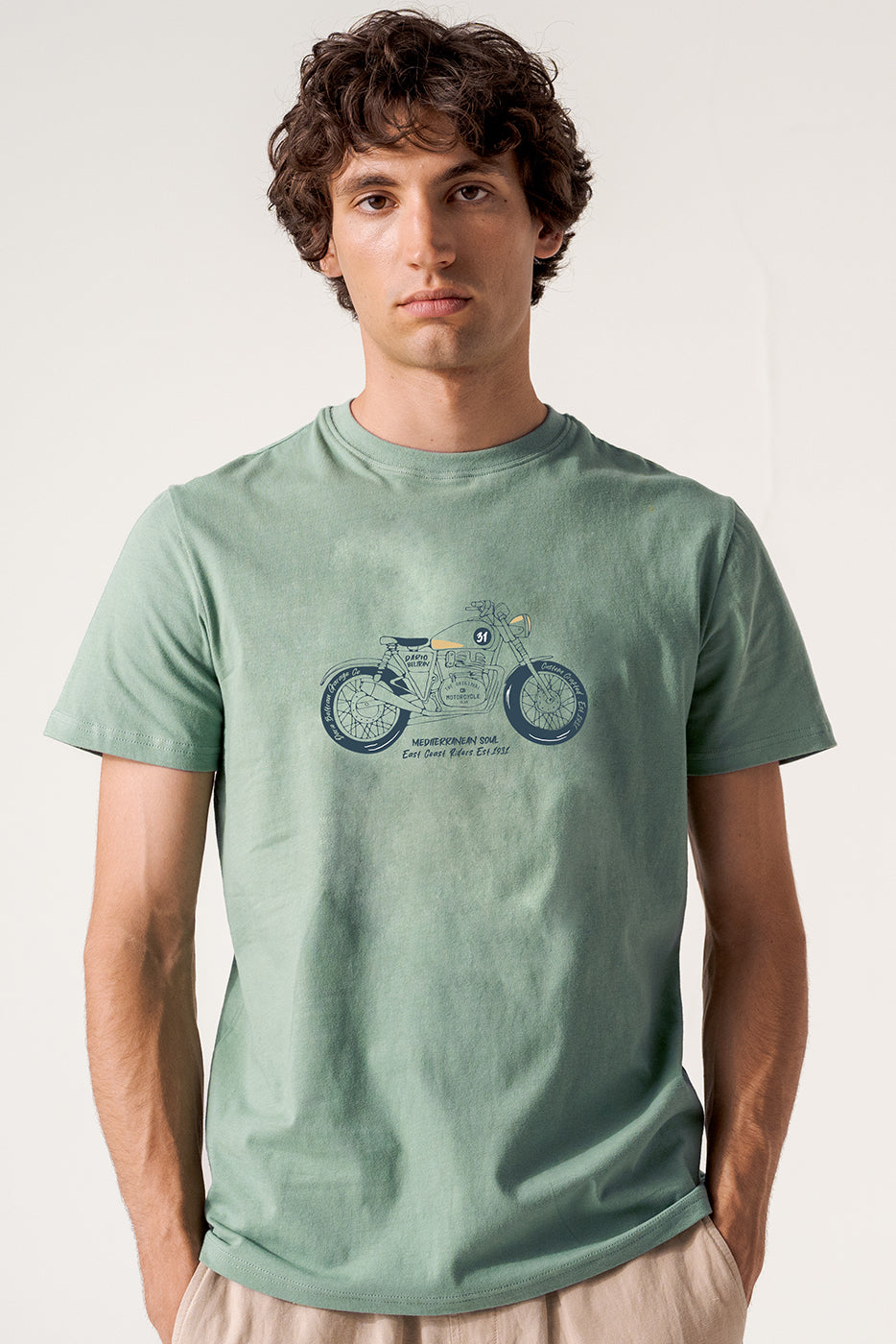 Camiseta hombre algodón verde estampado moto