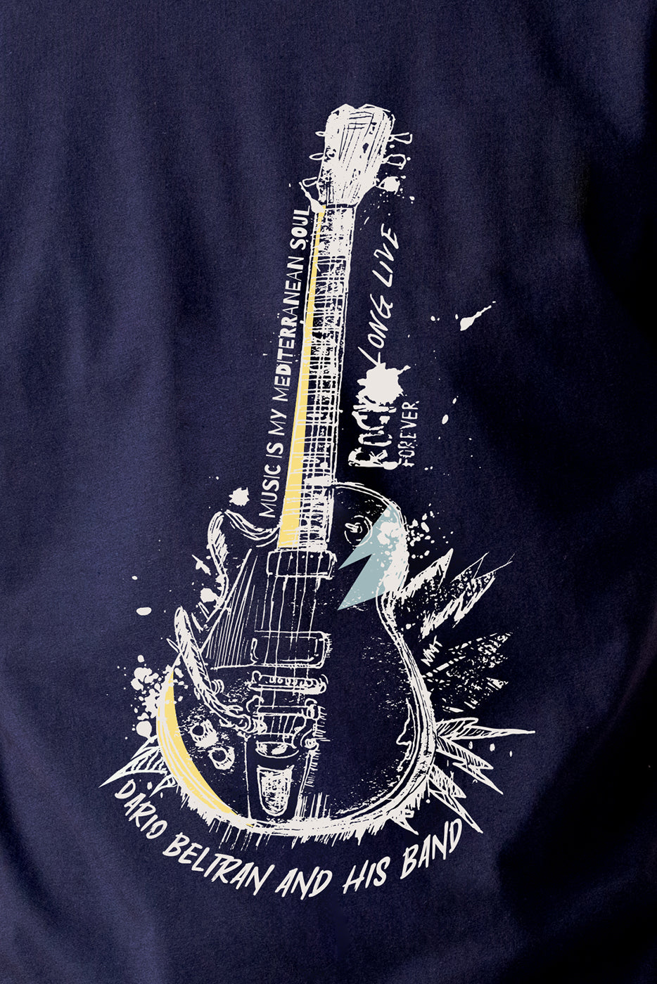Camiseta hombre marino algodón estampado guitarra