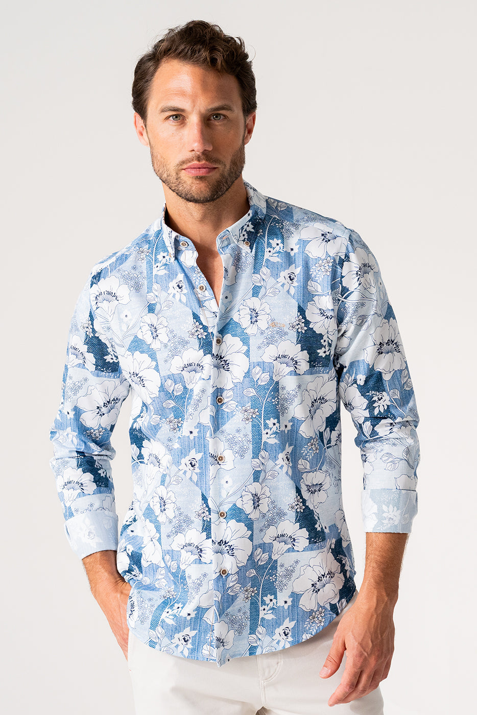Camisa estampado hombre azul y blanco