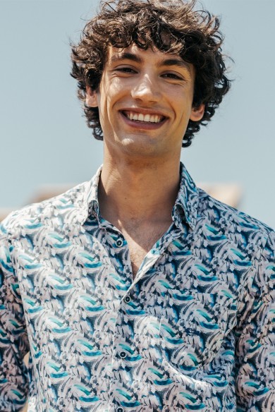 CAMISA ALGODÓN ESTAMPADA ABSTRACTO AZUL Y TURQUESA