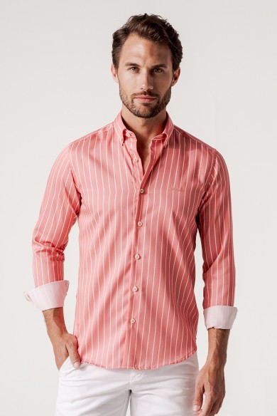 CAMISA DE MANGA LARGA RAYITAS CON FONDO CORAL