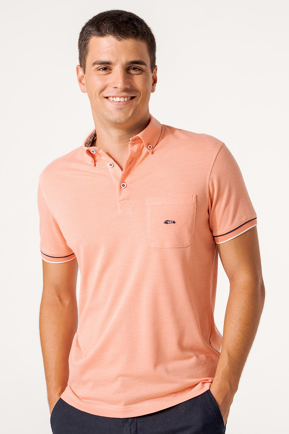Polo jacquard en rayas color coral