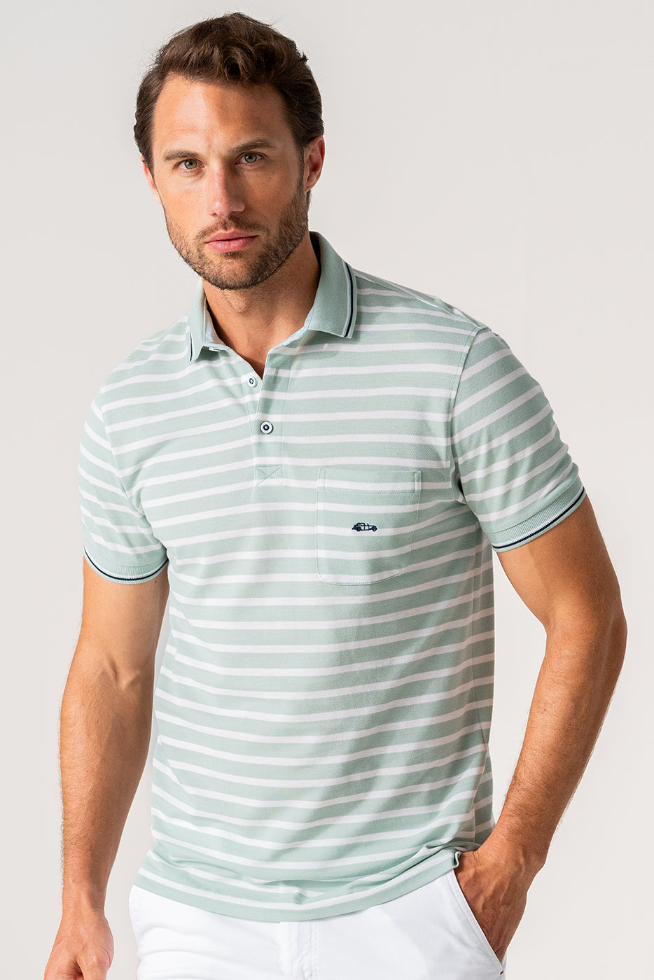 Polo hombre piqué rayas verde