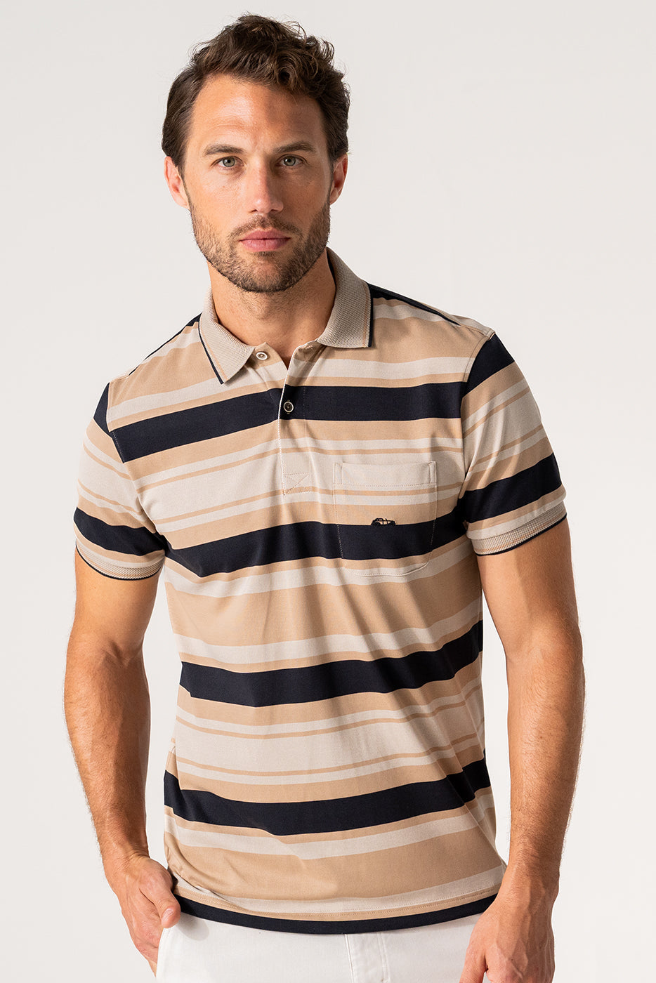 Polo hombre punto rayas negro y marrón