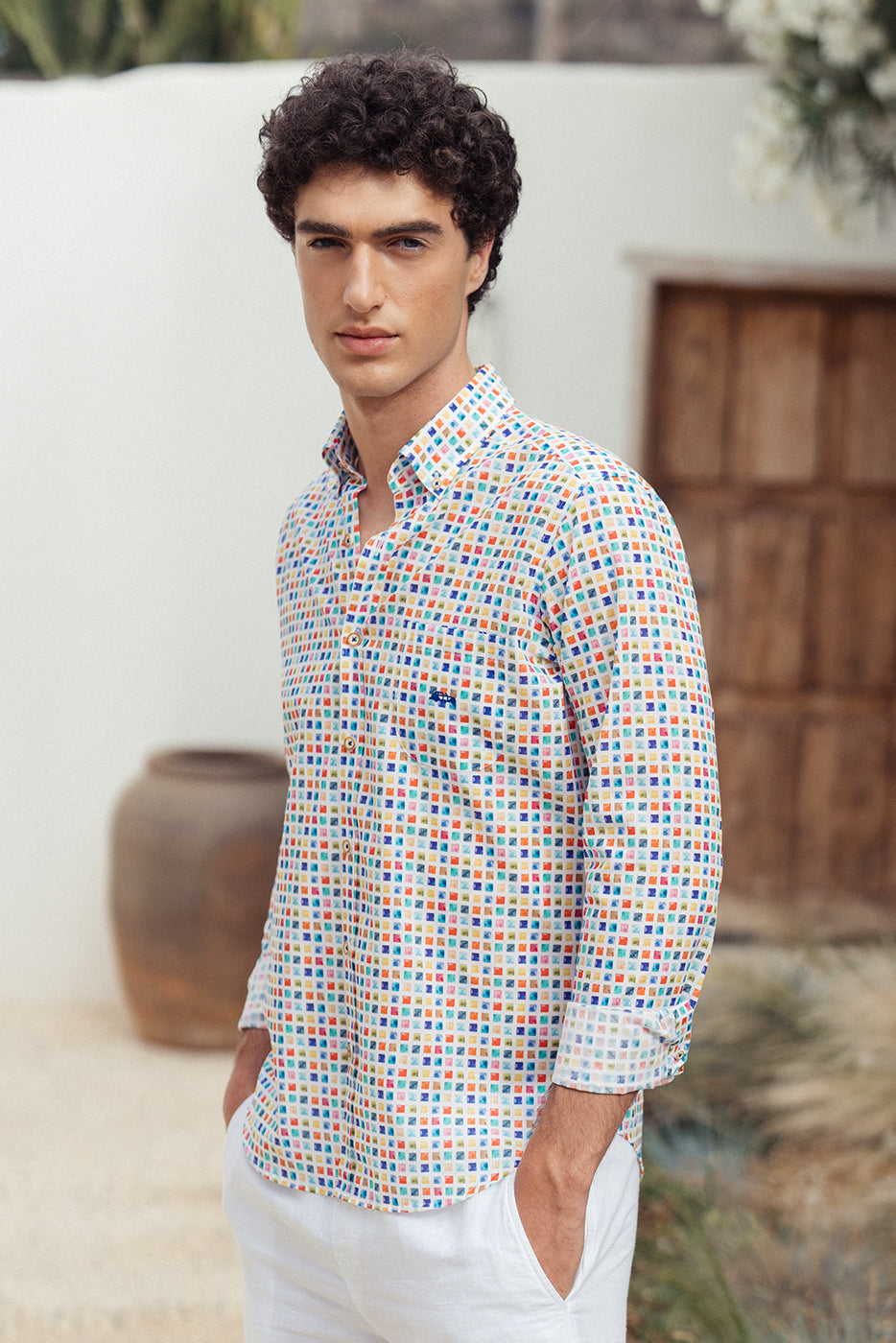 Camisa manga larga slim fit cuadritos de colores