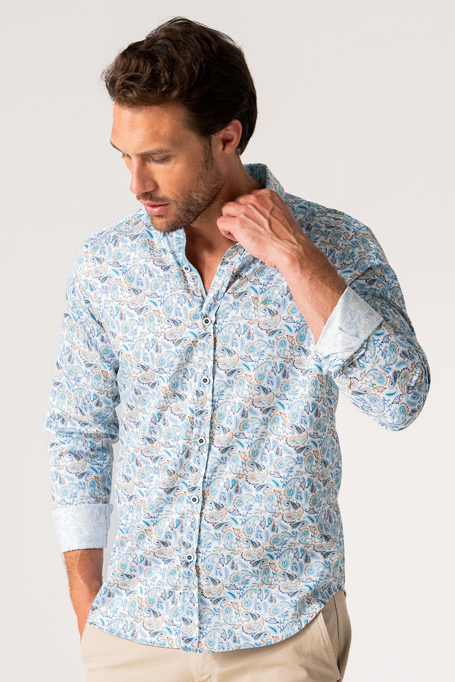 Camisa cachemir hombre tonos beige y azul