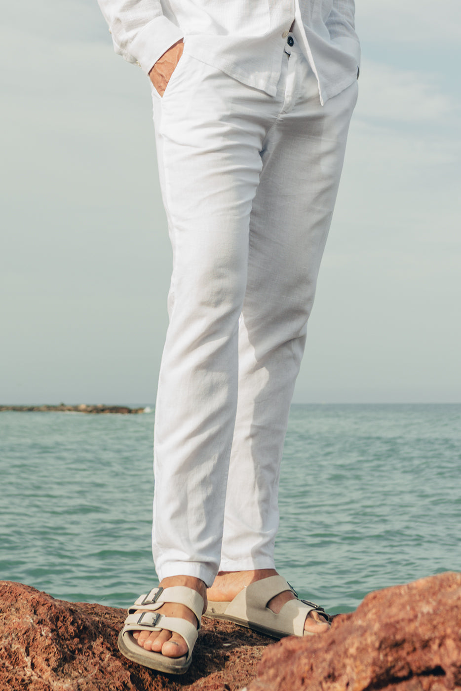 Pantalón hombre mezcla lino blanco 