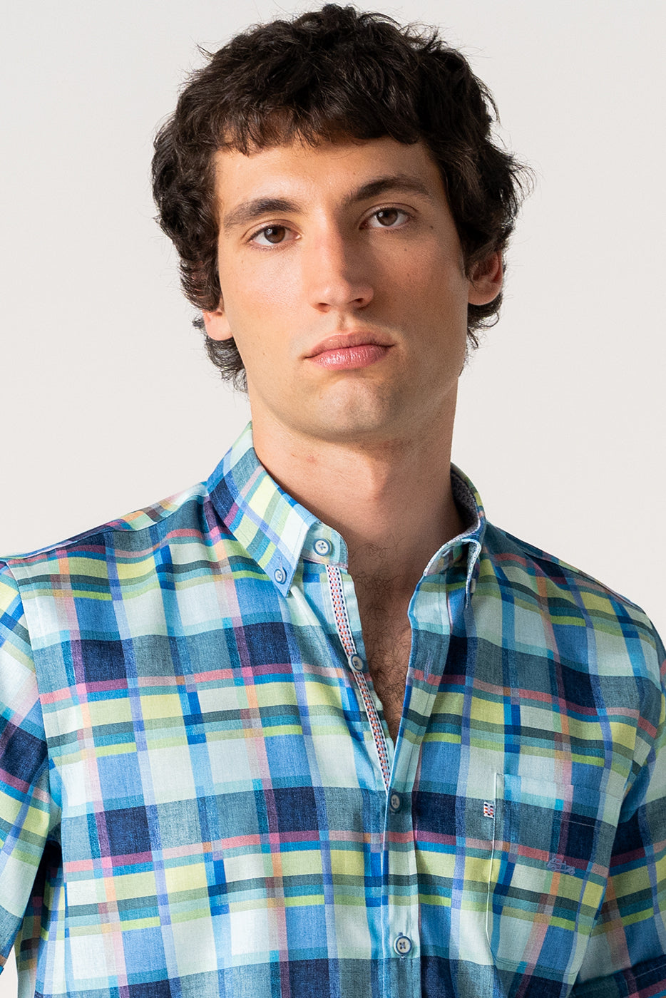 Camisa cuadros hombre tono azul y verde manga corta