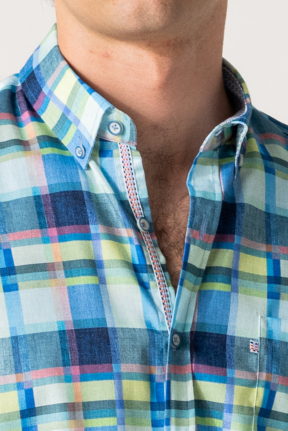 Camisa cuadros hombre tono azul y verde manga corta