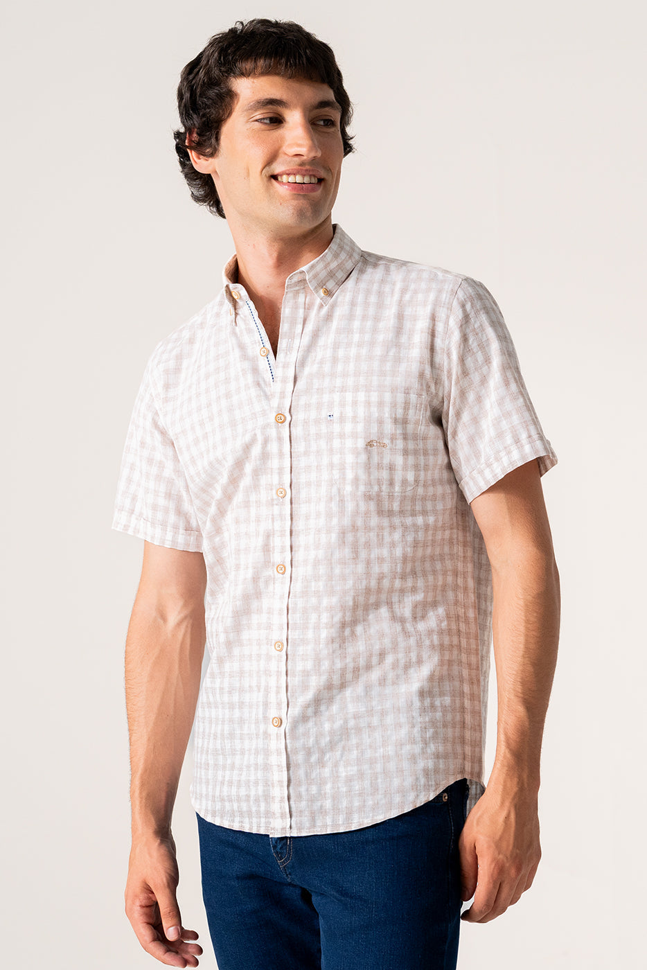 Camisa hombre manga corta cuadro beige