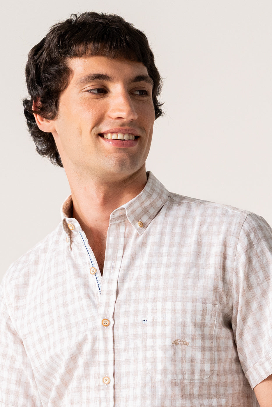 Camisa hombre manga corta cuadro beige