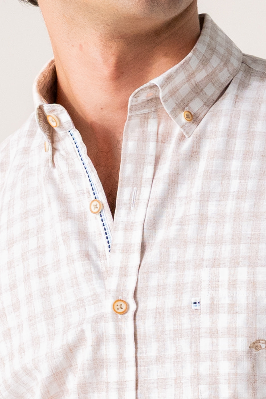 Camisa hombre manga corta cuadro beige