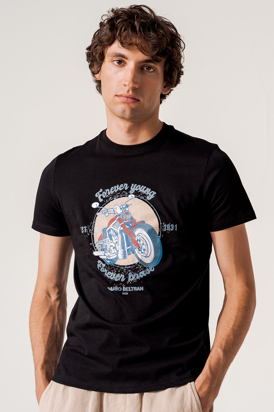 Camiseta negra estampada moto hombre algodón