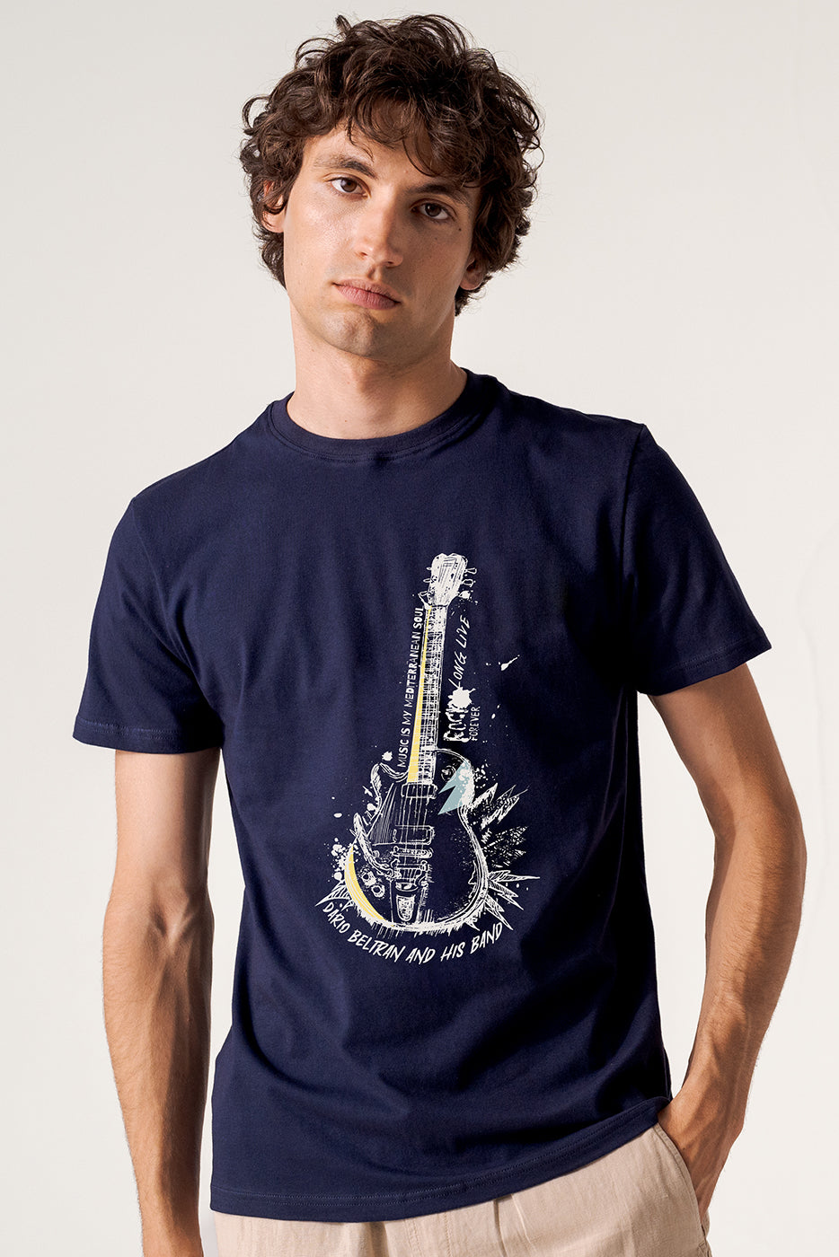 Camiseta hombre marino algodón estampado guitarra