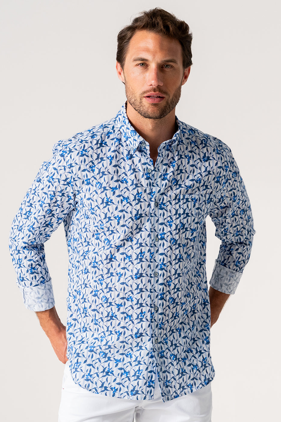 Camisa hombre slim fit estampado hojas azul